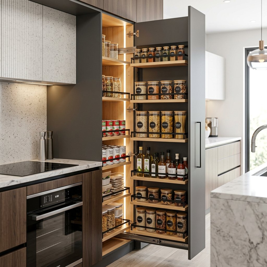 Modern Kitchen Pantry Organizer Ideas With Pull-Out Storage Cabinets ...